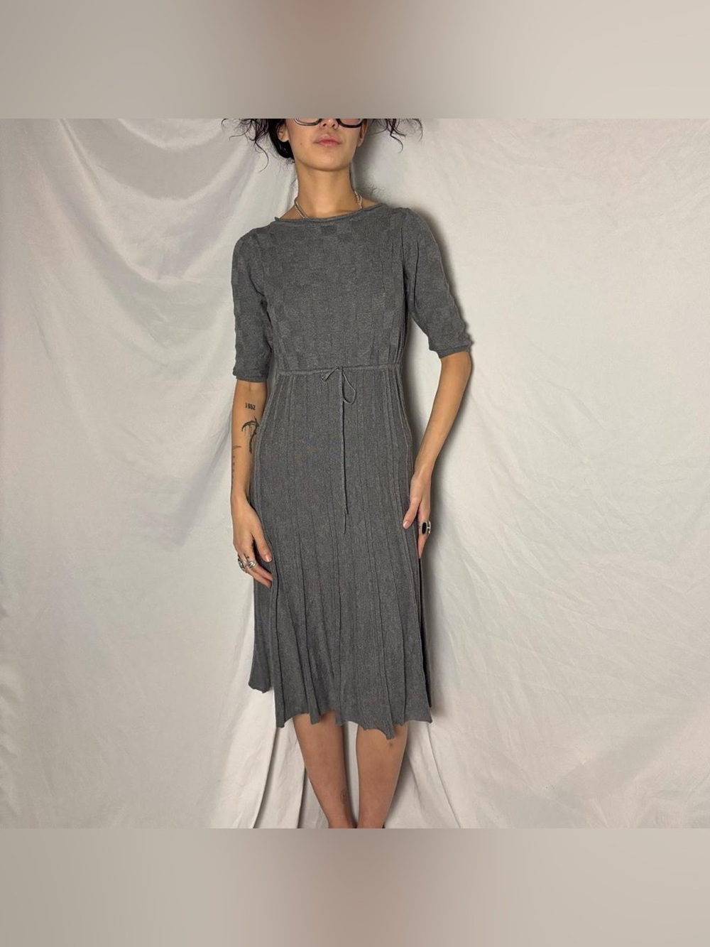 Grey Max Studio Textured Midi Dress W Front Tie Size Small